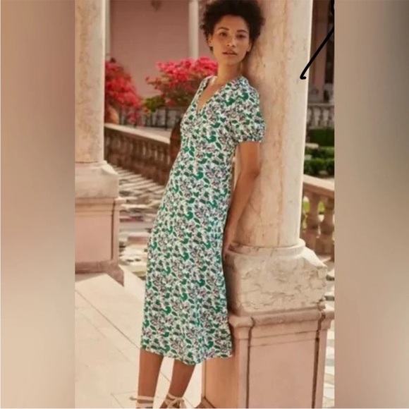 Boden Green and Pink Floral Midi Dress Size 12 - Picture 1 of 11